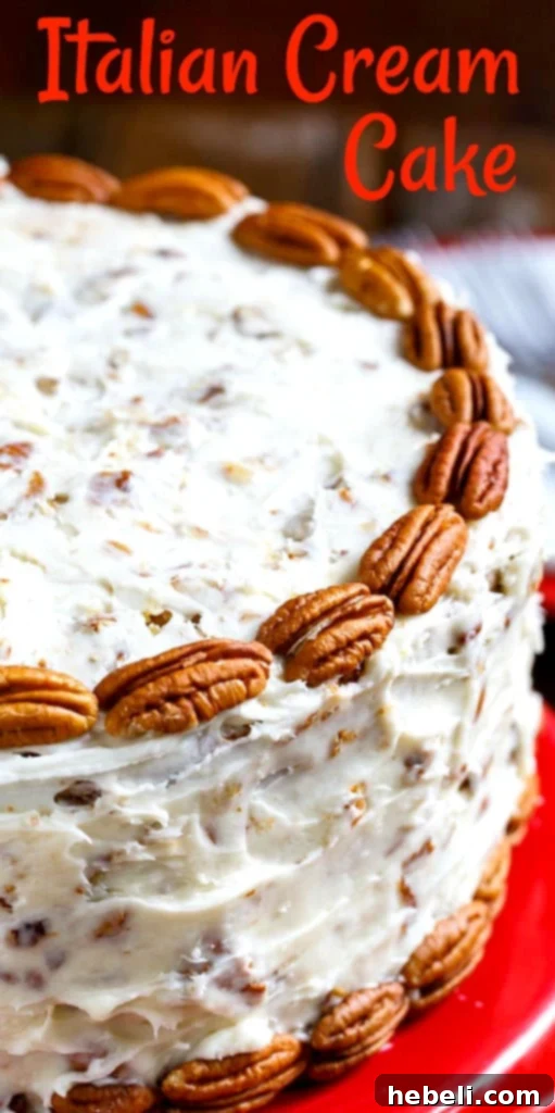Beautifully frosted Italian Cream Cake slice showcasing layers of moist cake, coconut, and pecans, perfect for serving.