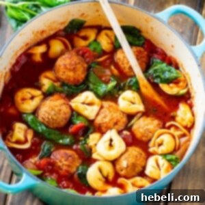Meatball and Tortellini Soup in a bowl
