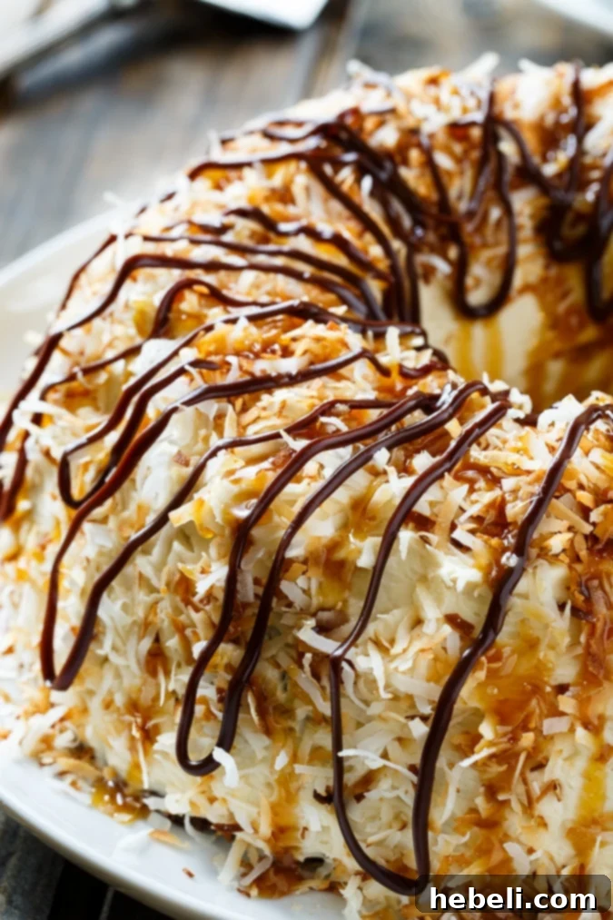 Samoa Bundt Cake from an overhead view, highlighting the beautiful caramel drizzle and golden toasted coconut.