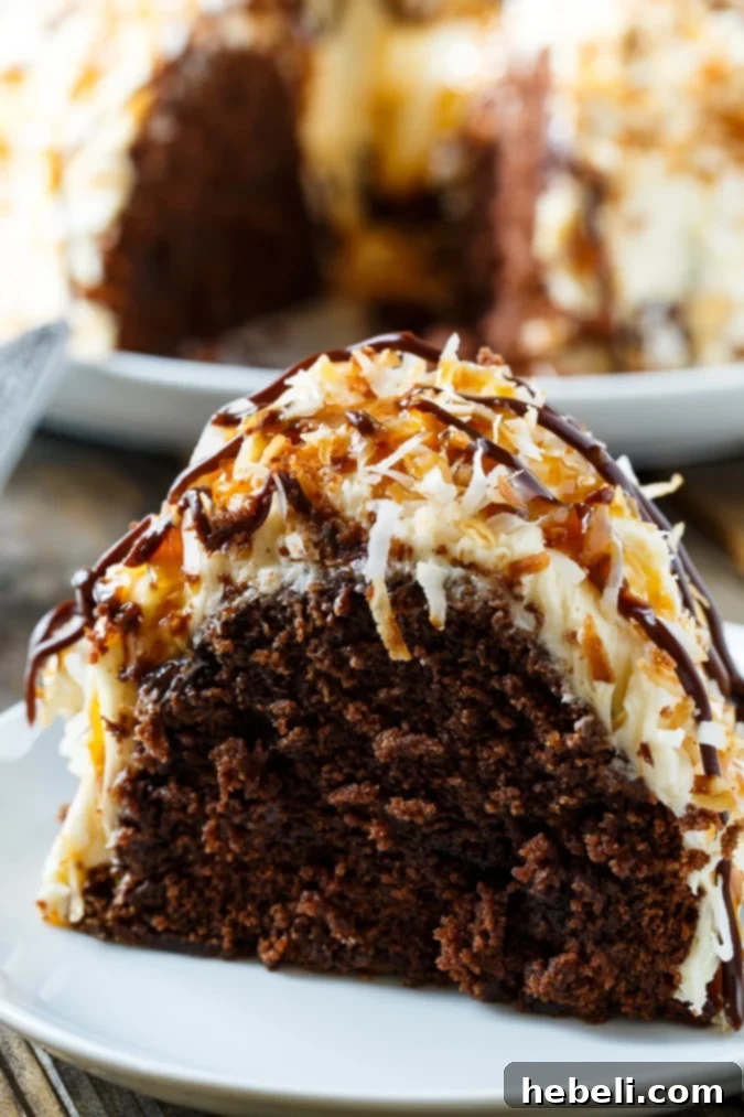 A close-up of the Samoa Bundt Cake, showing the texture of the chocolate cake and the thick caramel frosting.