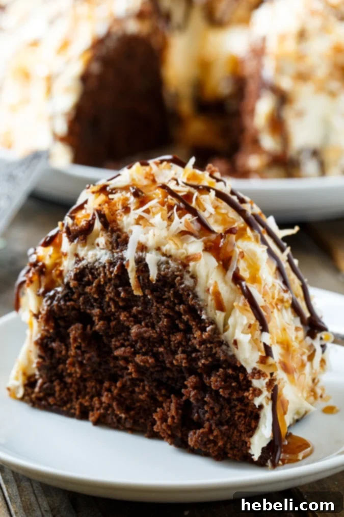 A beautiful, fully decorated Samoa Bundt Cake ready to be served.