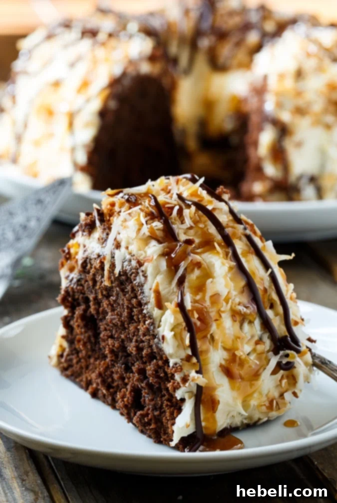 A top-down view of the Samoa Bundt Cake, showcasing the rich caramel frosting and abundant toasted coconut.
