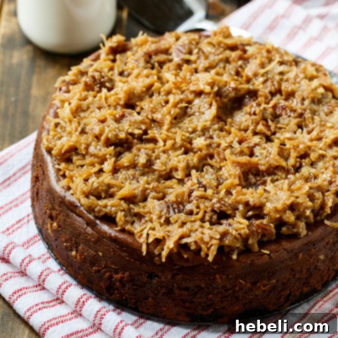 Rich German Chocolate Cheesecake with a double layer of coconut pecan frosting.
