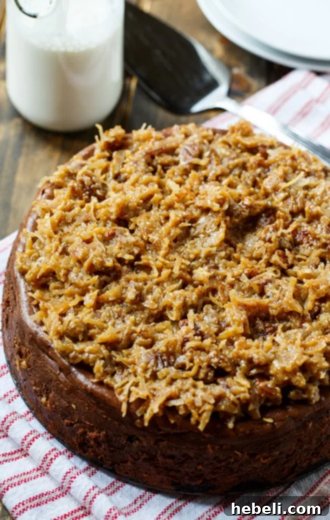 Close-up of German Chocolate Cheesecake, highlighting the creamy texture and generous coconut-pecan topping.