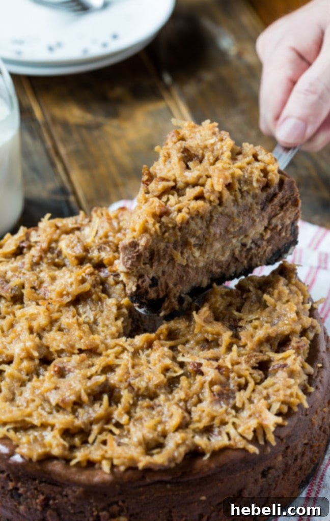 Overhead view of the decadent German Chocolate Cheesecake, ready to be served.
