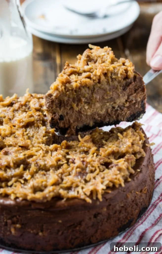 A slice of German Chocolate Cheesecake served on a plate, highlighting its rich layers.
