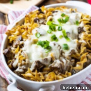Close-up of a serving of Beef Stroganoff Casserole.