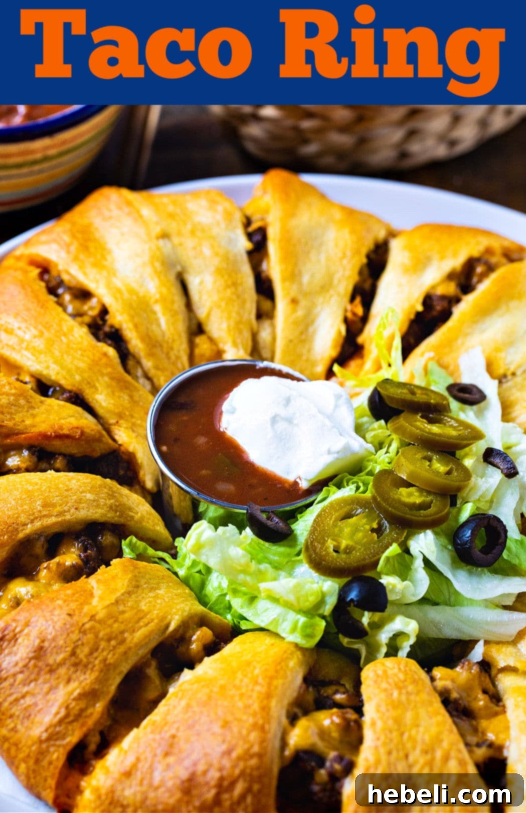 Fiesta Taco Wreath 7 A close-up shot of a baked Taco Ring, golden brown and cheesy, ready to be enjoyed.