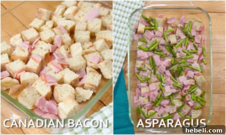 Adding Canadian bacon and asparagus to the English muffin base.