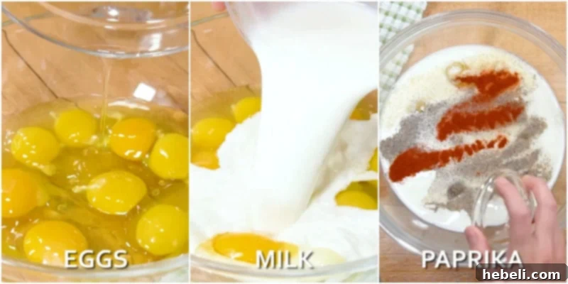 Whisking eggs, milk, and spices for the casserole.