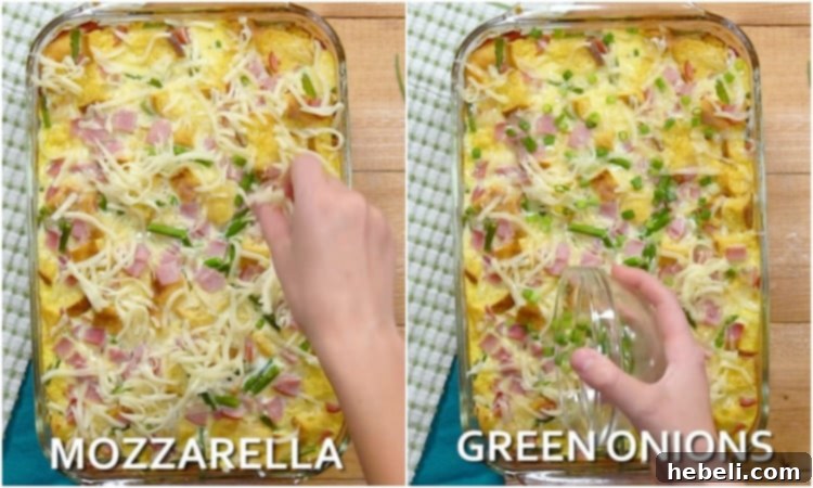 Adding mozzarella cheese and green onions for the final bake.