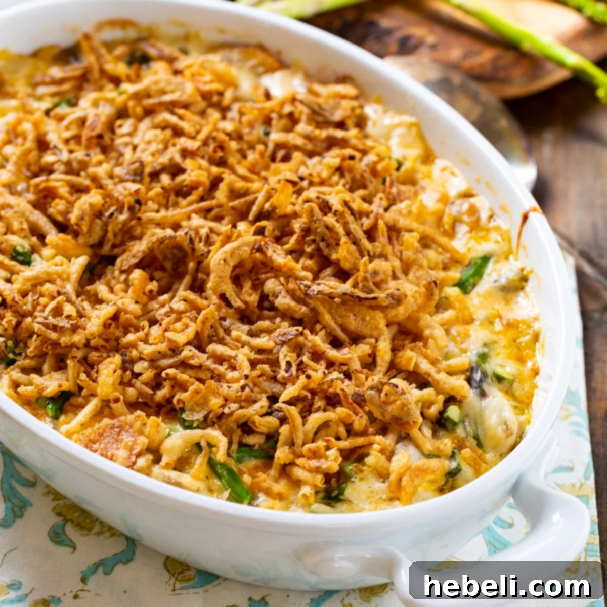 Creamy Asparagus Casserole in a baking dish, ready to be served.