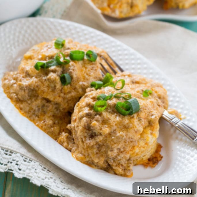 Fluffy Sweet Potato Biscuits with Chorizo Gravy drizzled over them