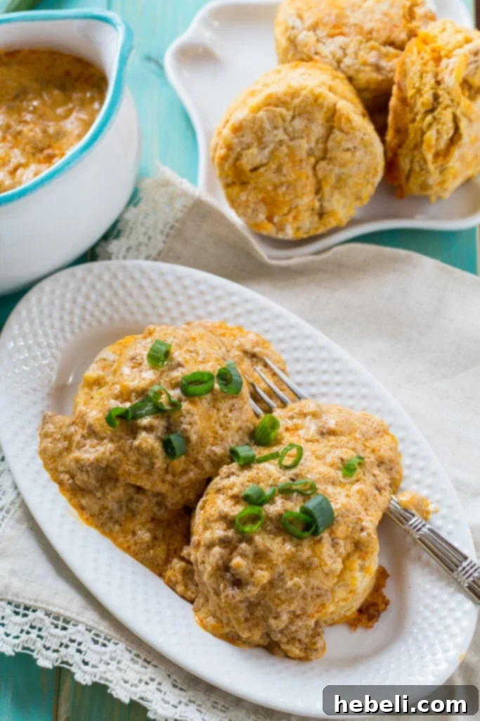 Close-up of golden Sweet Potato Biscuits topped generously with homemade Chorizo Gravy