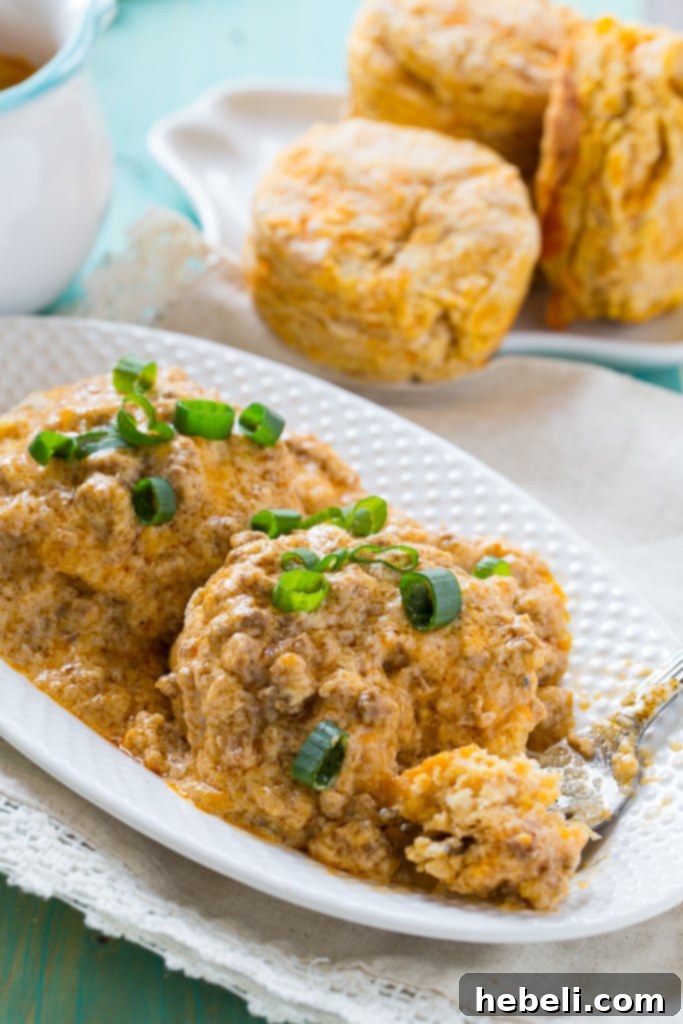 Final plated dish of Sweet Potato Biscuits with a generous amount of spicy Chorizo Gravy