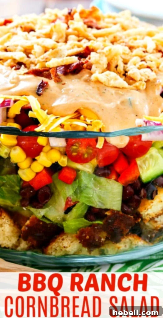 Ultimate Barbecue Ranch Cornbread Salad 9 Cornbread Salad in a large elegant glass serving bowl, showcasing all the delicious layers.