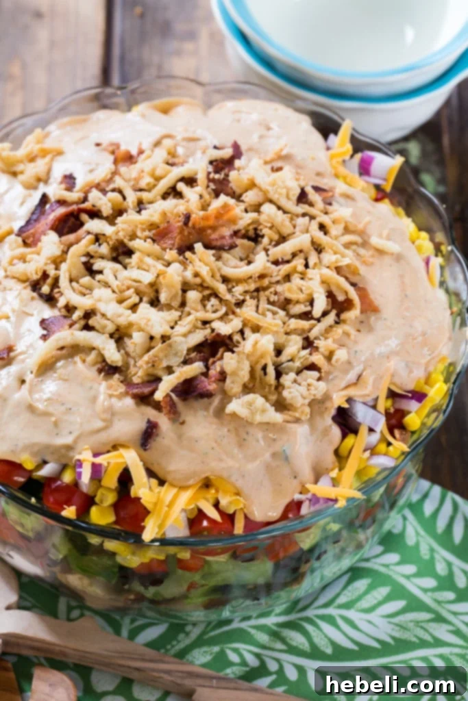 Ultimate Barbecue Ranch Cornbread Salad 5 Barbecue-Ranch Cornbread Salad showcasing the rich, creamy dressing and toppings.