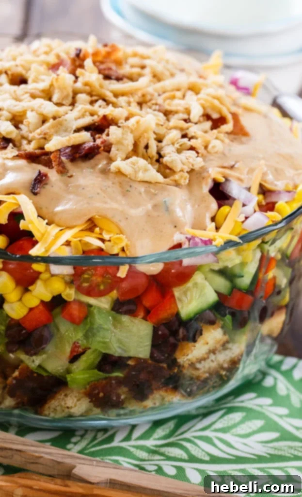 Ultimate Barbecue Ranch Cornbread Salad 6 A closer look at the delicious layers of Barbecue-Ranch Cornbread Salad.