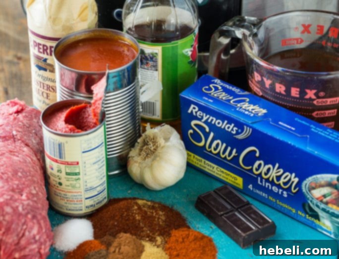 Close-up of Slow Cooker Cincinnati Chili cooking in a slow cooker liner