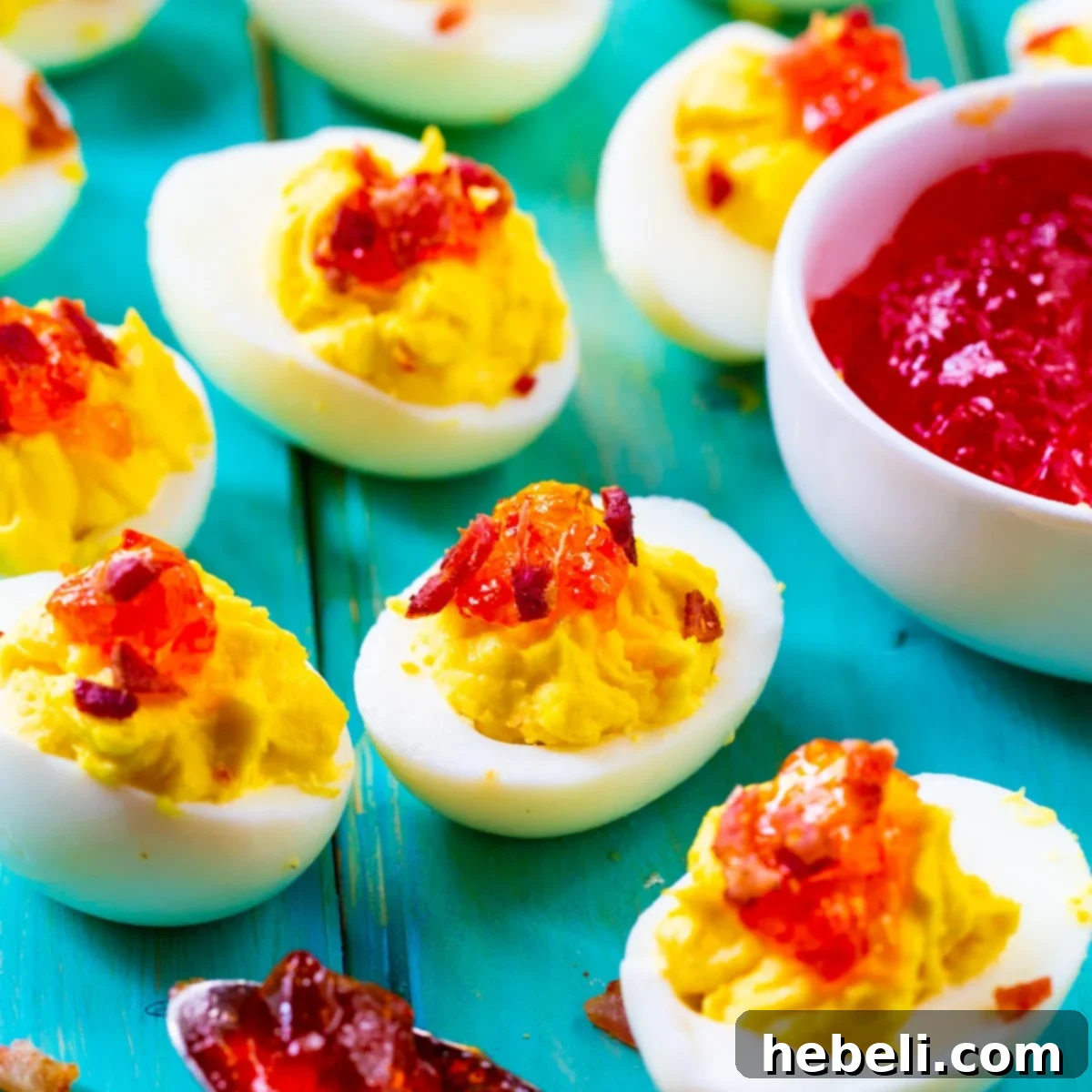Smoky Bacon & Sweet Heat Deviled Eggs 2 Red Pepper Jelly Deviled Eggs with Bacon, artfully arranged on a light blue background, showcasing their vibrant colors and crispy topping.