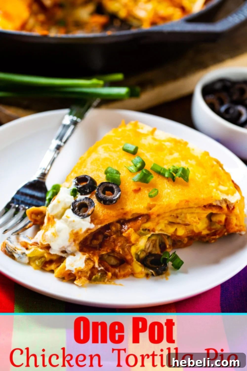 A top-down view of the One Pot Chicken Tortilla Pie, garnished with fresh green onions and olives.