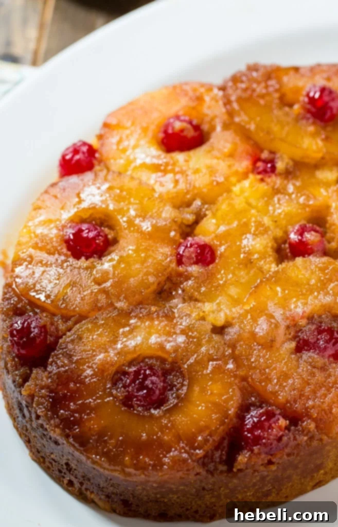 A beautiful slice of Slow Cooker Pineapple Upside Down Cake served on a white plate