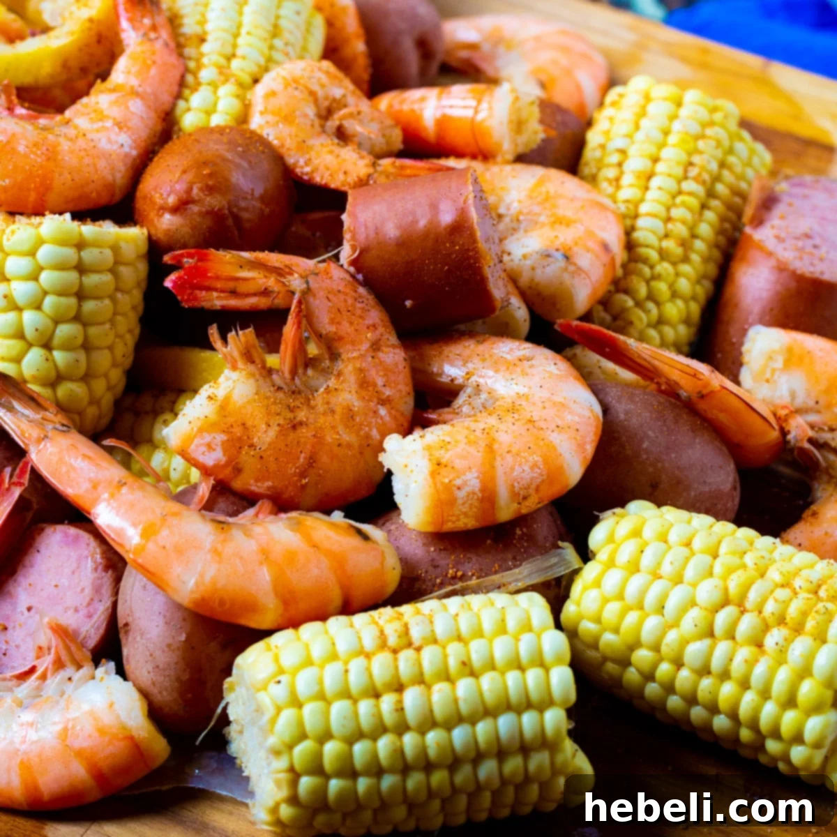 Crockpot Low Country Feast 2 Slow Cooker Low Country Boil spread out on a table with fresh lemon wedges and cocktail sauce.