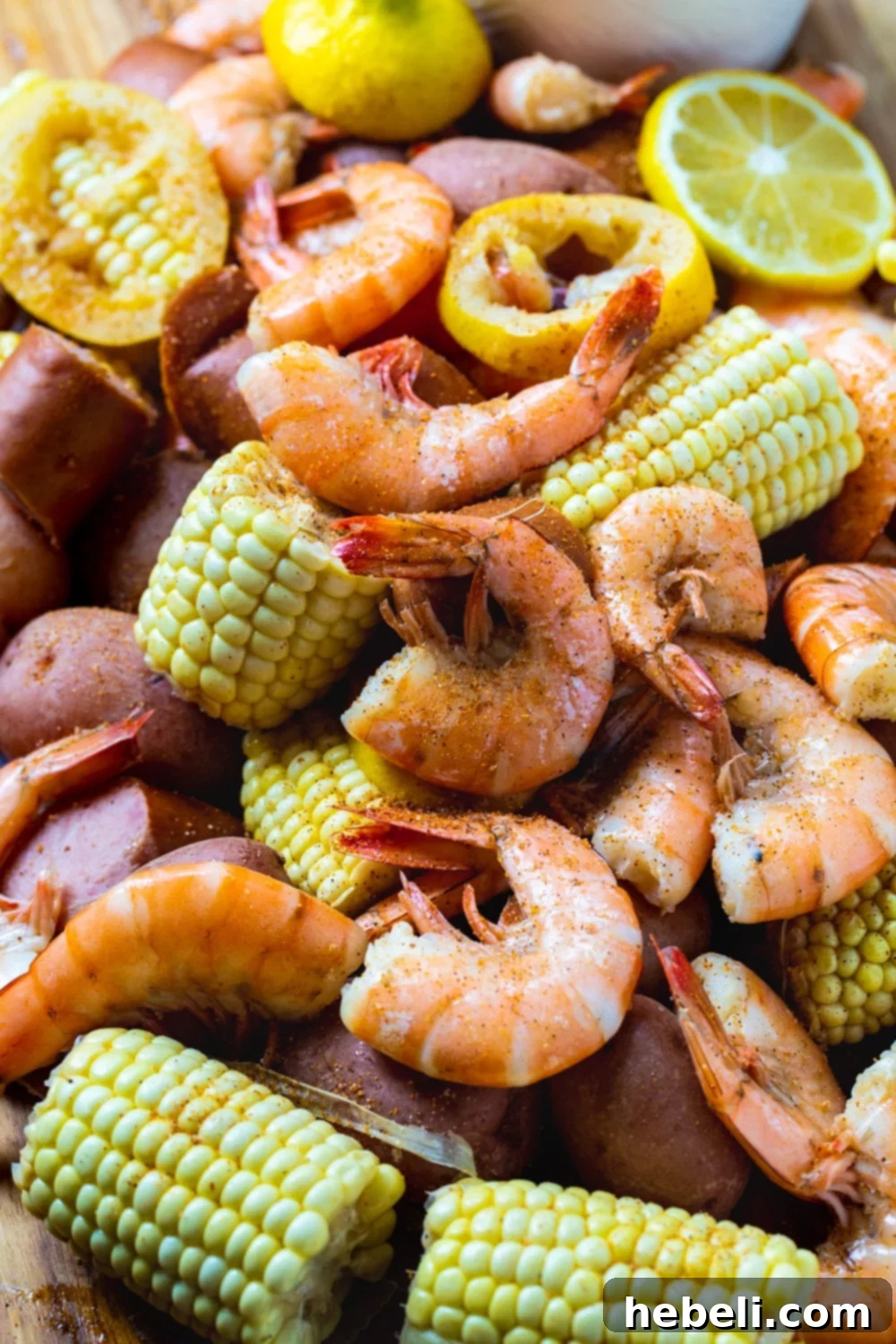 Crockpot Low Country Feast 5 A close-up of a Low Country Boil spread out on a newspaper-covered table, highlighting the texture and color of the shrimp, corn, and sausage.