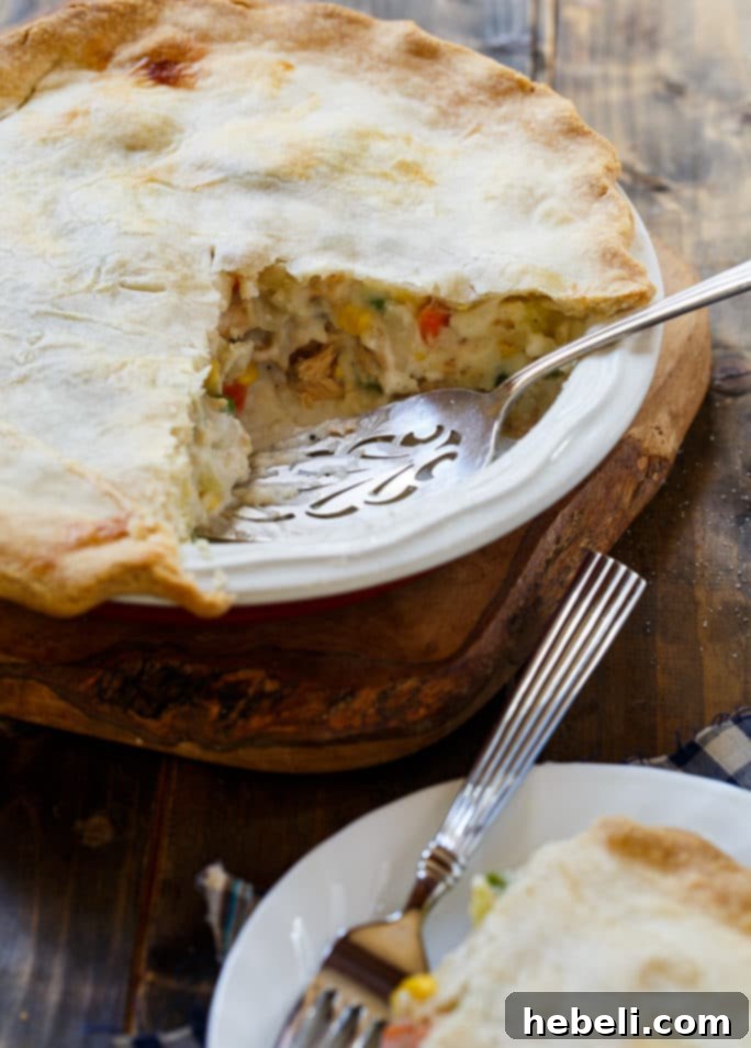 Another close-up shot of the Salmon Pot Pie, highlighting the texture of the crust and the vibrant colors of the vegetables within the creamy salmon filling.