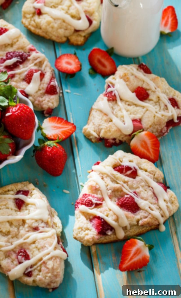 Fresh Strawberry Cream Scones 4 Strawberries and Cream Scones stacked on a plate, ready to be served.