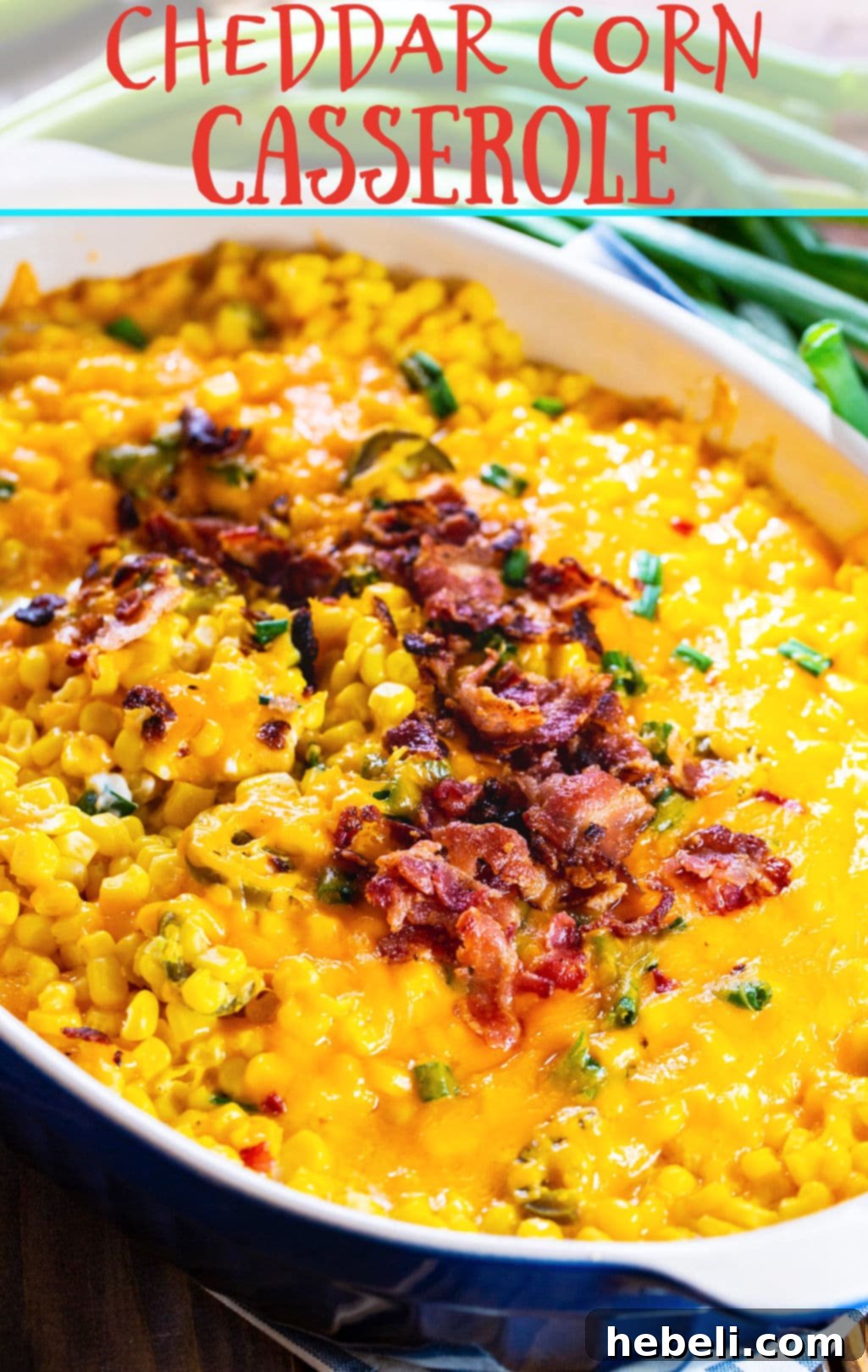 Cheddar Corn Casserole in baking dish, bubbling hot and ready to eat.