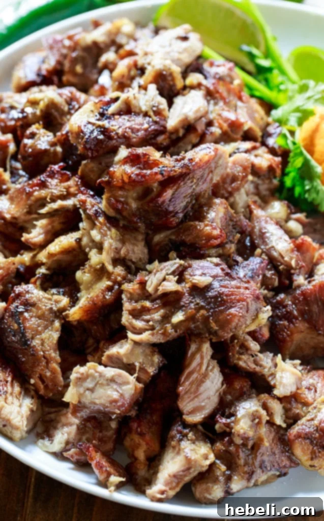 Close-up of tender Pork Carnitas, slow-cooked to perfection.