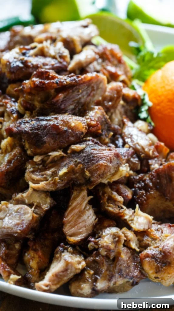 Perfectly cooked Pork Carnitas, glistening with flavor.