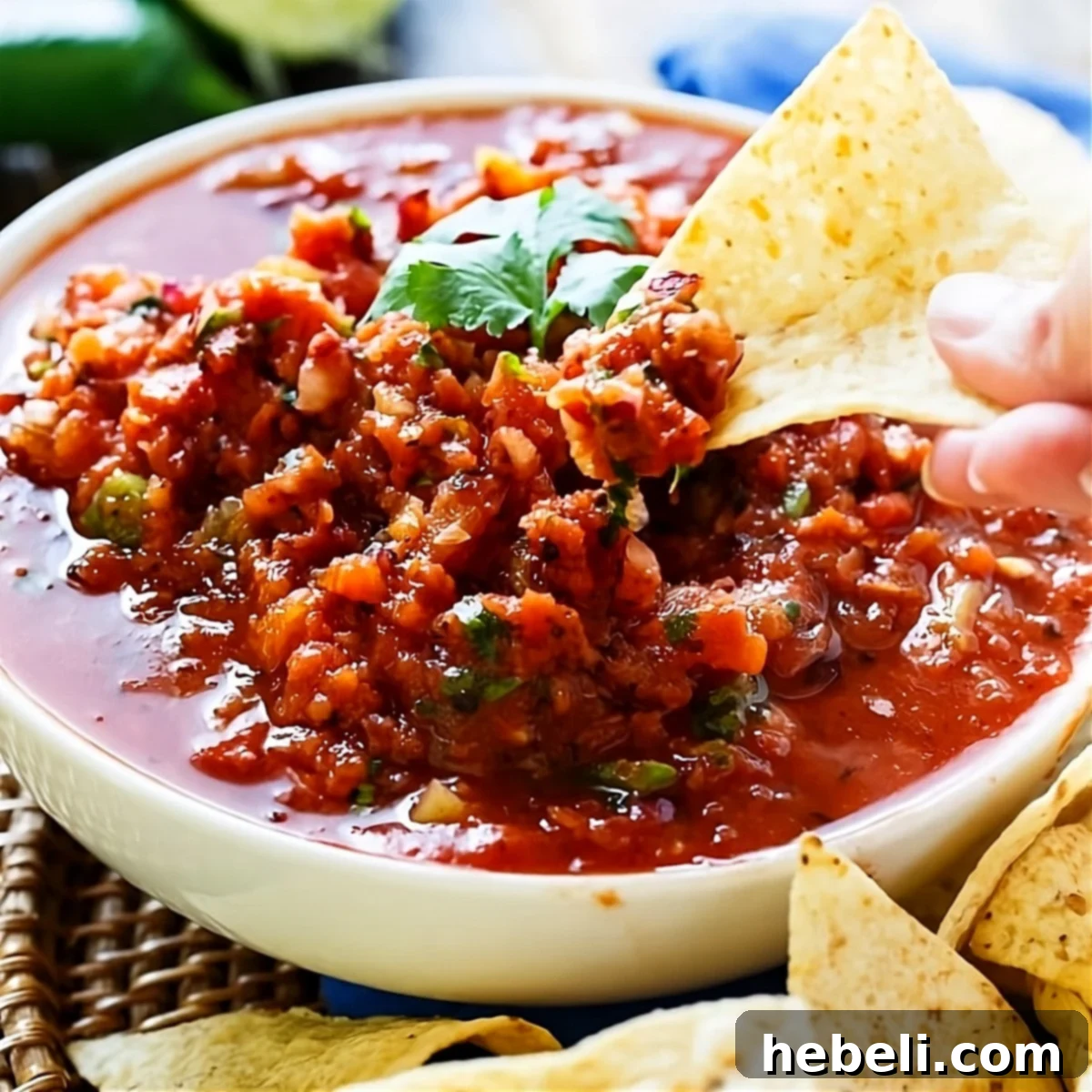 Flame-Kissed Salsa 2 Crispy tortilla chip dipping into a vibrant bowl of homemade fire-roasted salsa, showcasing its thick, chunky texture and rich red color.