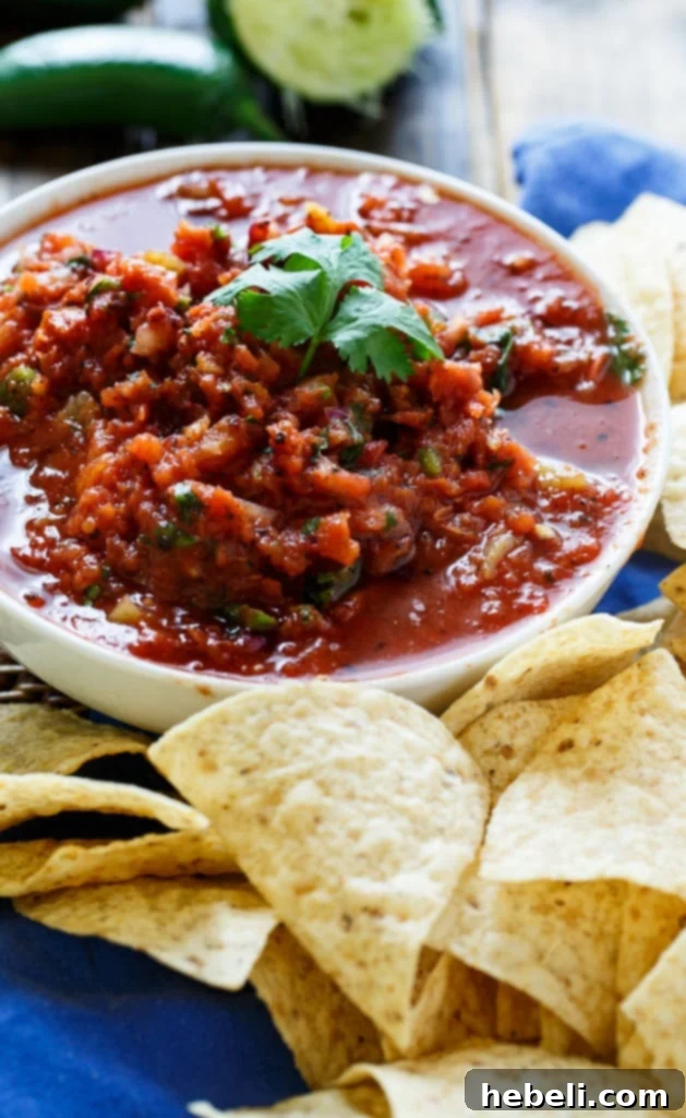 Flame-Kissed Salsa 3 A bowl of chunky homemade fire-roasted salsa, garnished with fresh cilantro, ready for serving. The vibrant colors of the tomatoes, onions, and chilies are visible.