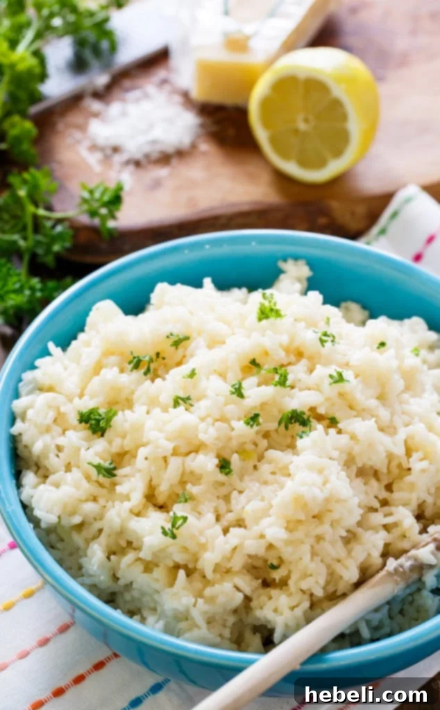 A serving of Creamy Parmesan Rice, showcasing its rich texture and flecks of garlic.