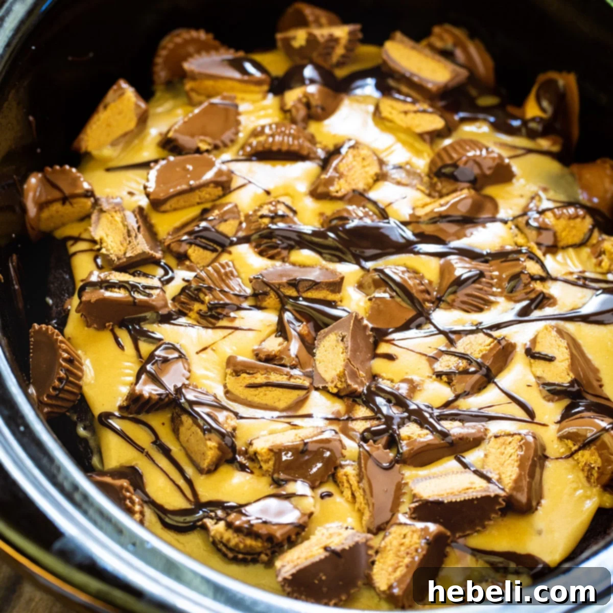 Decadent Slow Cooker Chocolate Peanut Butter Cake in a black slow cooker, ready to be served.