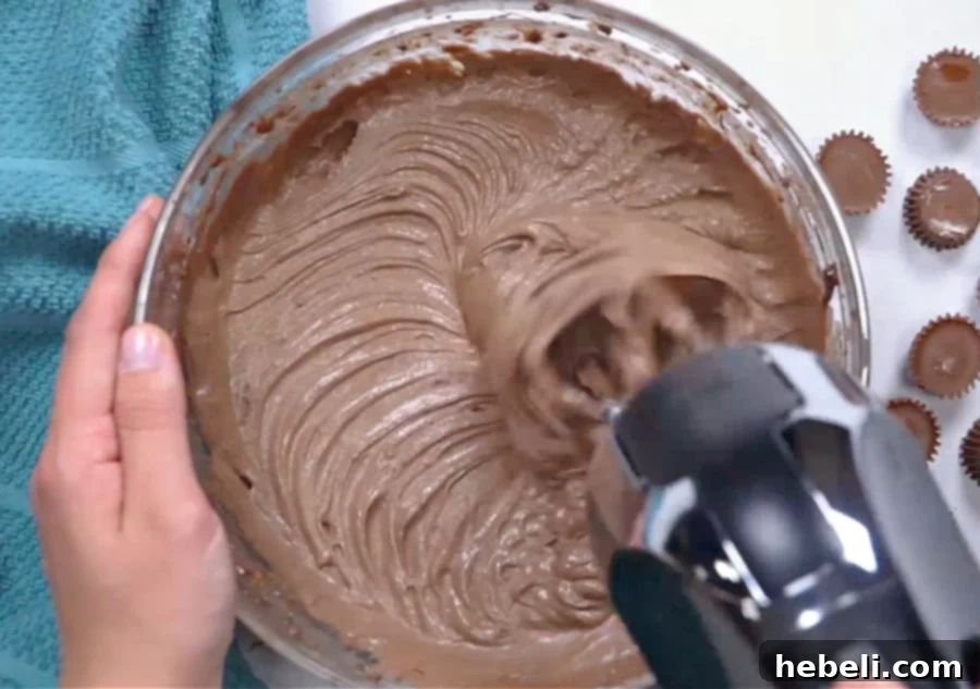 Mixing cake batter for slow cooker chocolate peanut butter cake.