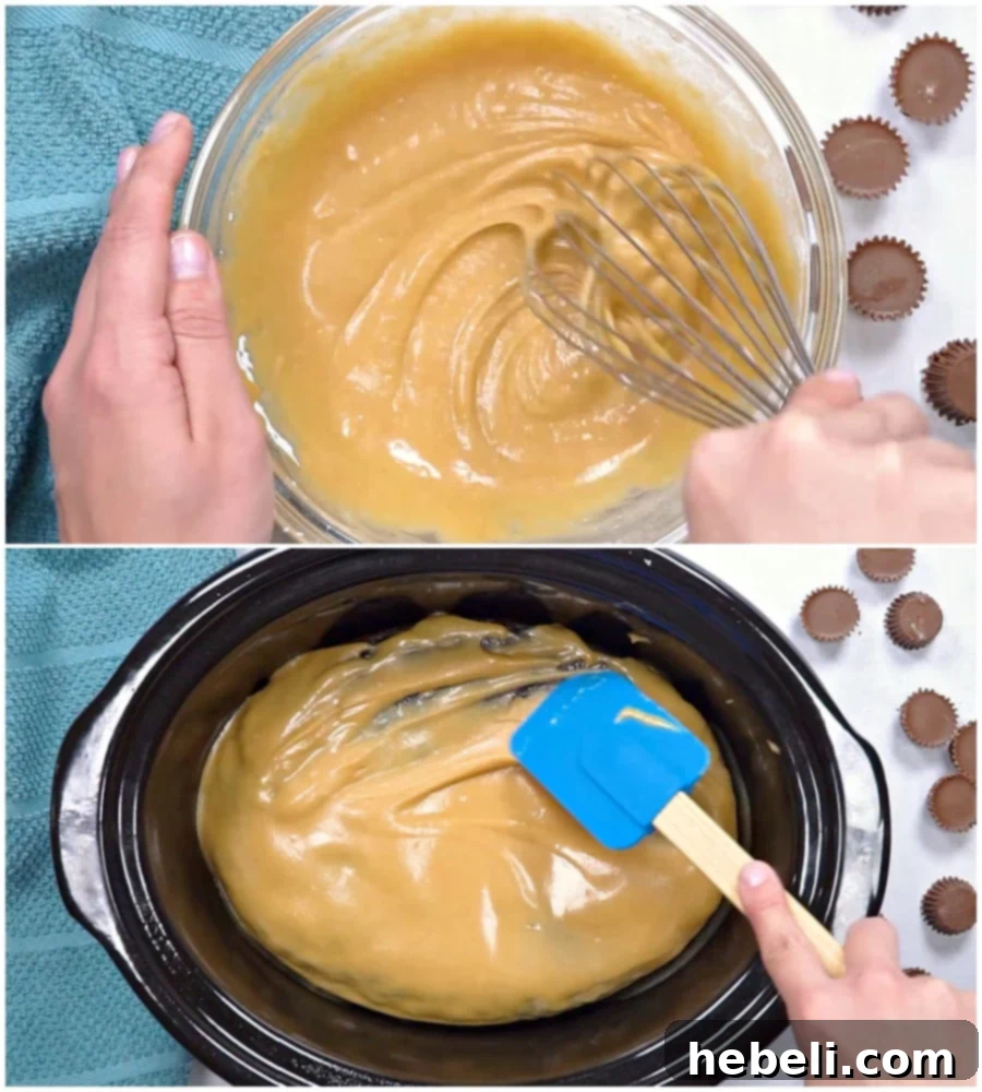Adding peanut butter glaze to the warm chocolate peanut butter cake.