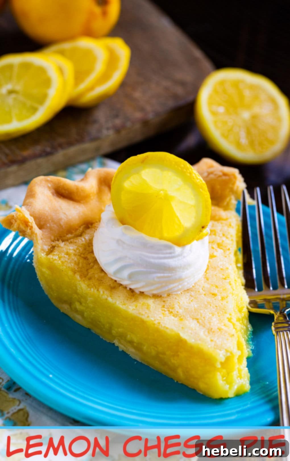 Slice of pie on blue plate.