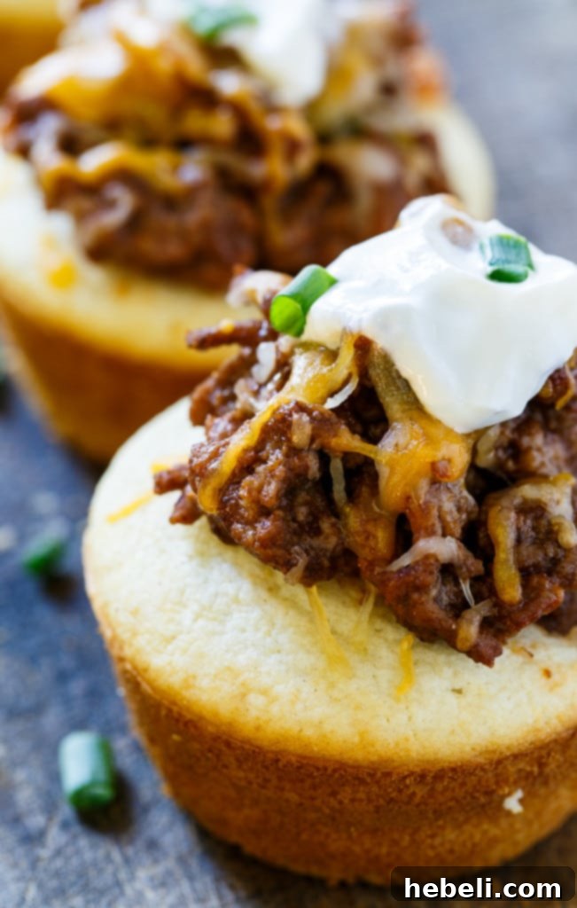 Stuffed Sloppy Joe Cornbread Muffins 3 Close-up of baked Sloppy Joe Cornbread Muffins