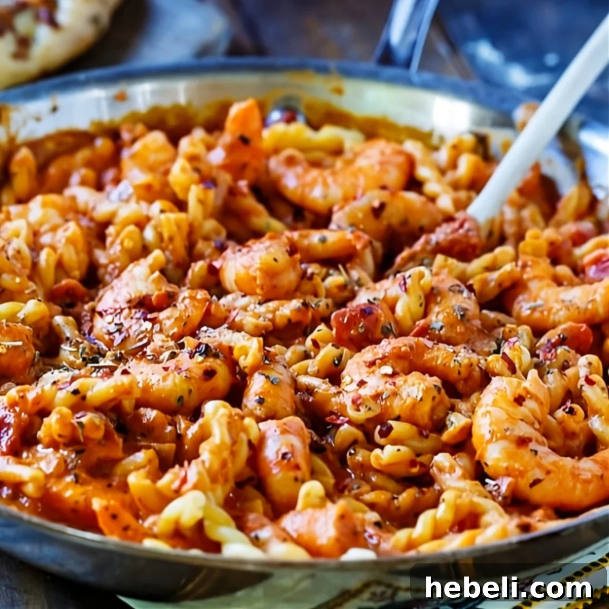 Spicy Shrimp Rose Pasta 2 A vibrant skillet of Spicy Shrimp and Tomato Cream Pasta, garnished with fresh herbs and ready to serve.