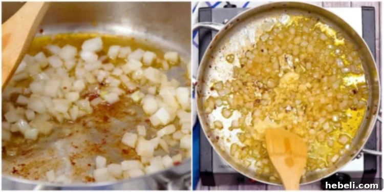 Spicy Shrimp Rose Pasta 6 Chopped onion and minced garlic sizzling in olive oil, creating an aromatic base.