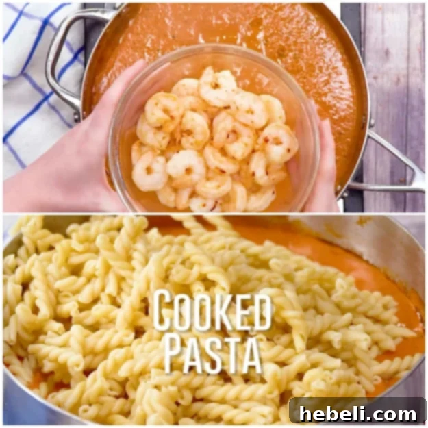 Spicy Shrimp Rose Pasta 8 Cooked pasta and shrimp being combined with the creamy tomato sauce in a large pan.