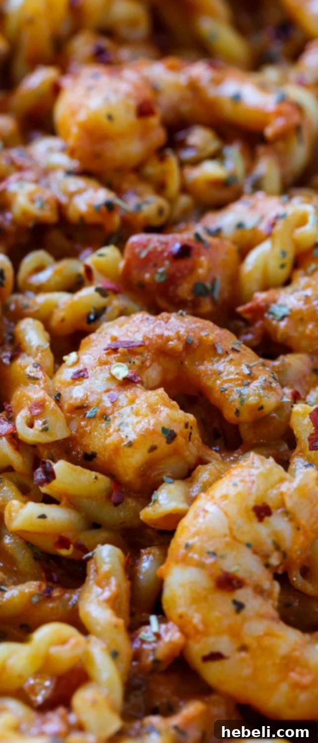 Spicy Shrimp Rose Pasta 9 Spicy Shrimp and Tomato Cream Pasta garnished with fresh basil in a rustic serving bowl, ready to be enjoyed.
