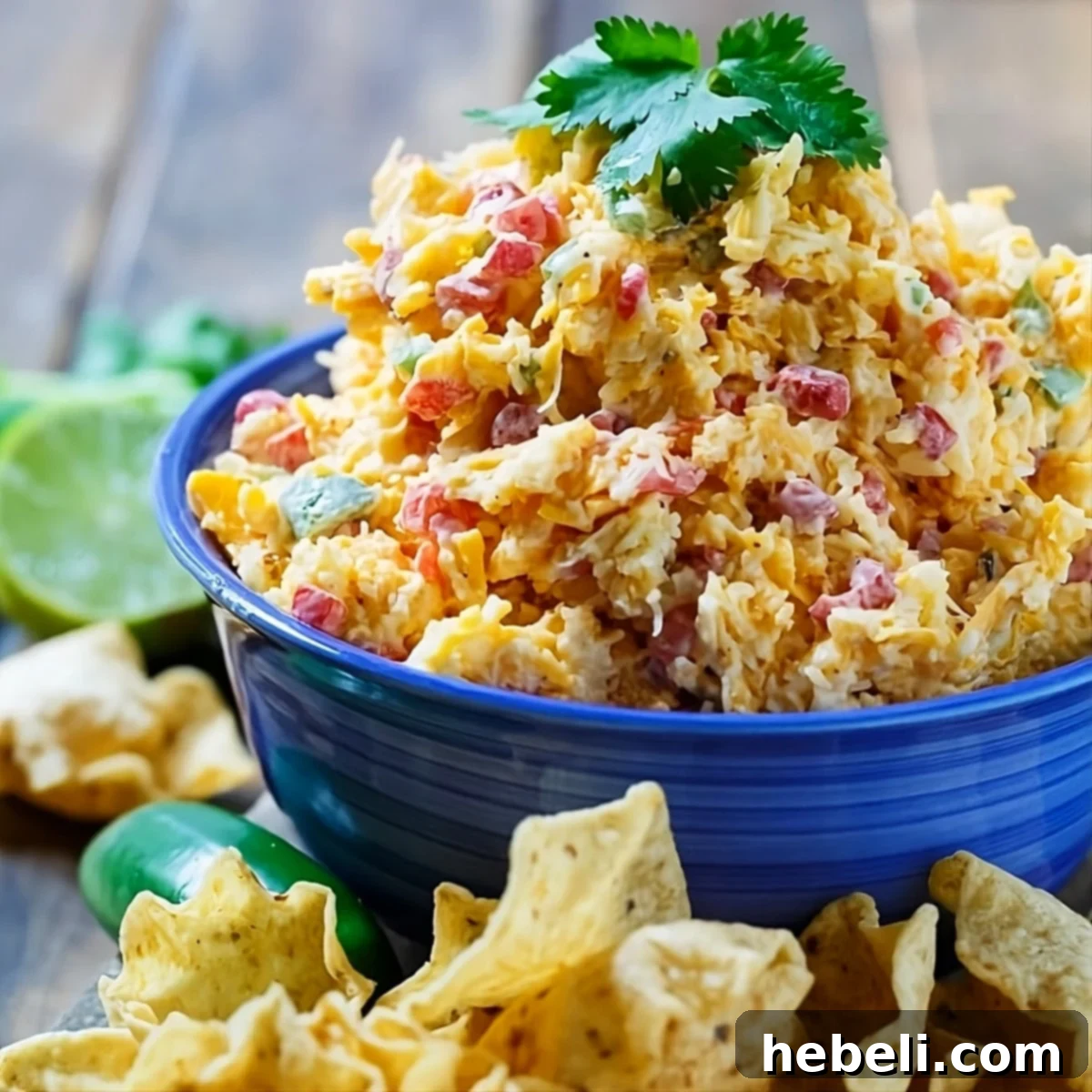 Kickin' Tex-Mex Pimento Cheese 2 A bowl of vibrant Tex-Mex Pimento Cheese, garnished with fresh cilantro, surrounded by a generous scattering of crunchy tortilla chips.