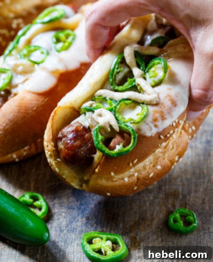 Assembled Jalapeno Beer Brat with all toppings