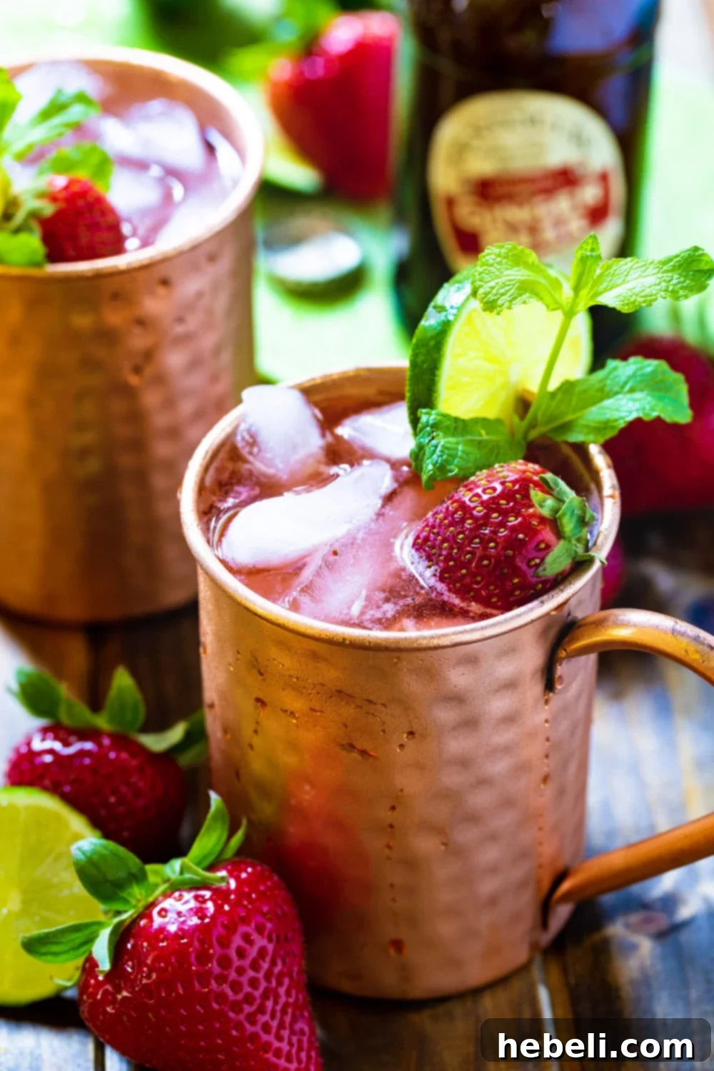 Two Strawberry Moscow Mules with mint and fresh strawberries.