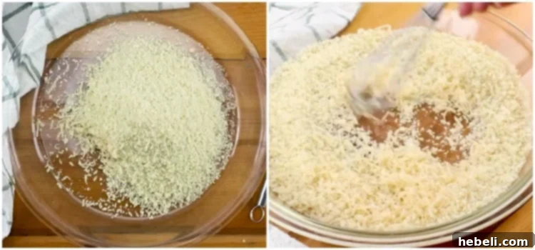 Mixing bowl with Panko crumbs and grated Parmesan cheese, ready for the chicken coating