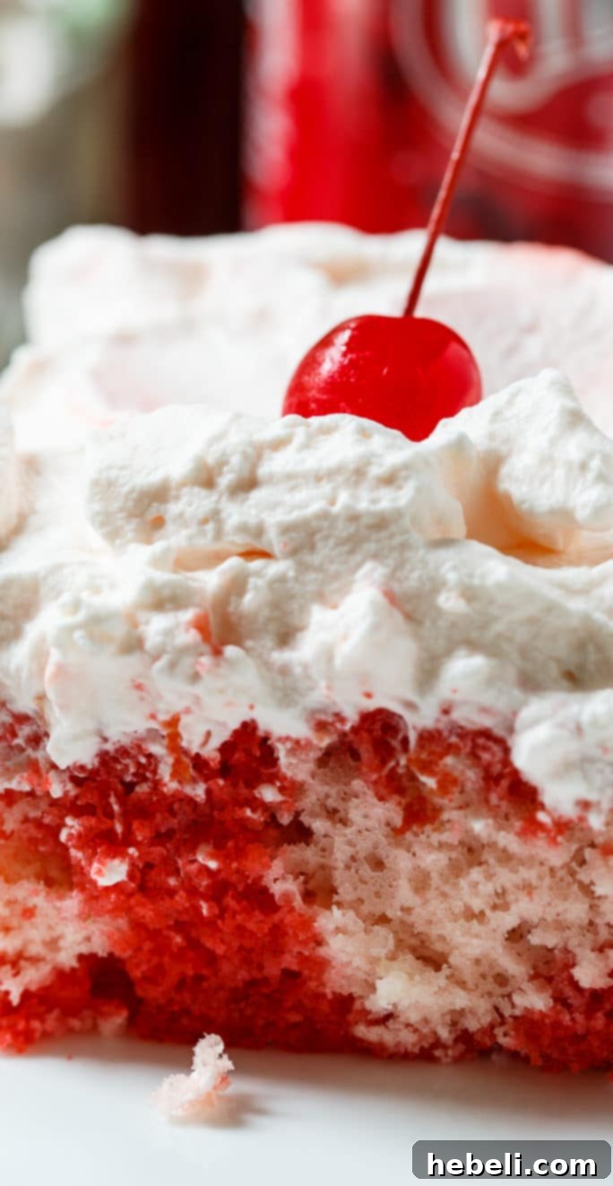 Sparkling Cherry Poke Cake 3 Close-up of a slice of Cheerwine Poke Cake, showing the moist cherry-infused cake layers and fluffy white whipped cream topping.